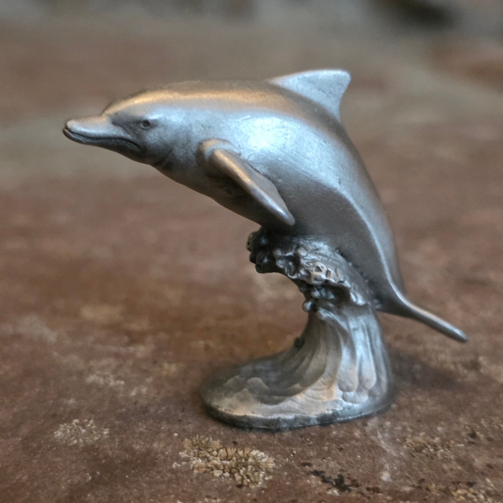 Vintage Miniature Pewter Dolphin Leaping Wave Ocean Figurine Silver Metal 1.5"